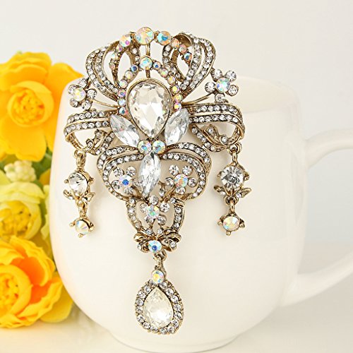 Vintage Teardrop Flower Brooch With Austrian Crystals - 3.8 Inch Elegant Pin