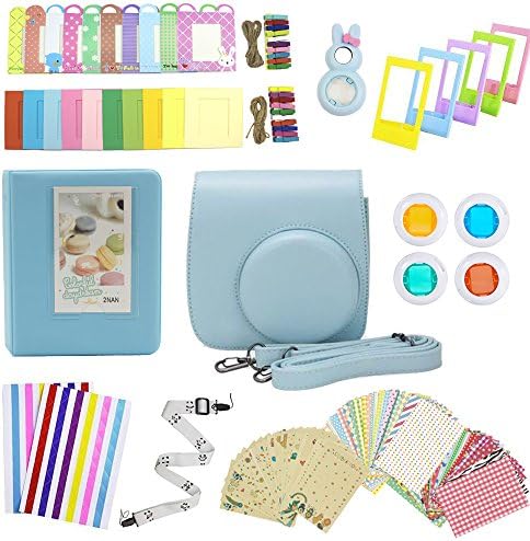 Hamsing Fujifilm Instax Mini 9 Mini 8/8+ Accessories, 12 in 1 Camera Bundles Set Include Camera Case/Album/Selfie Lens/Colored Filters/Hang Frames/Film Frames/Border Stickers/strap (Blue)