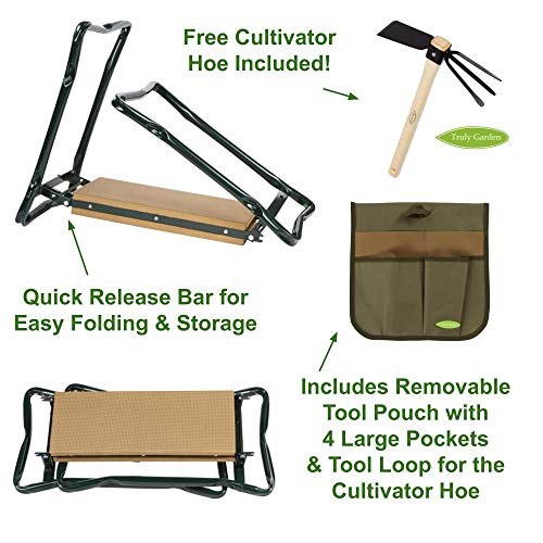 Truly Garden Kneeler/Seat with Cultivator Hoe. This Portable, Foldable Garden Bench Includes a Classic Garden Tool and Handy Tool Pouch Making it a Great Gift for Any Gardener.
