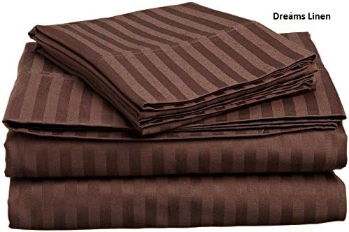 Dreams Linen 300-Thread-Count Egyptian Cotton 3pcs Set (1 Fitted Sheet + 2 Pillow Case) [+30Inch] Pocket Depth Size -King Chocolate Stripe