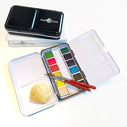 Field-Artist-Pro-12HP-Complete-TRAVEL-WATERCOLOR-SET-includes-12-Brilliant-Half-Pan-Colors-2-Custom-Brushes-a-Genuine-Sea-Sponge-a-Classic-Metal-Field-Box-all-fits-in-your-Pocket