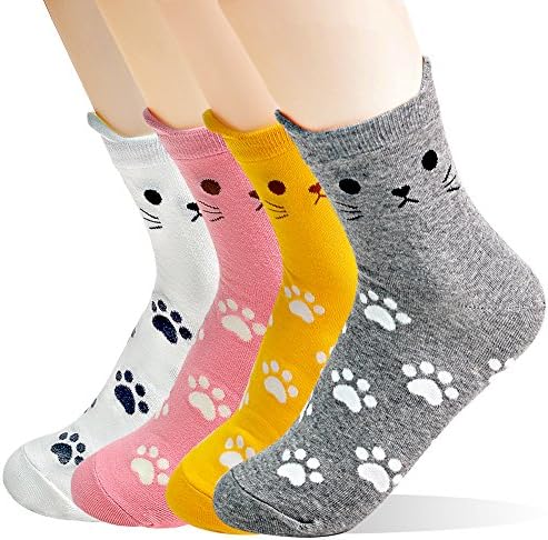 Womens Casual Socks - Cute Crazy Lovely Animal Cat Lovers Pattern Good for Gift One Size Fits All (Cats Foot Print 4 pairs)
