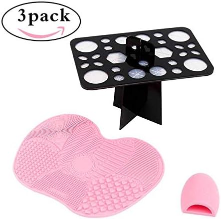 Moreslan Makeup Brush Cleaning Kit, including 28 Holes Brush Drying Tower, Silicone Gel Makeup Brush Cleaning Mat and Brush Egg,Scrubber Tool(Pink)