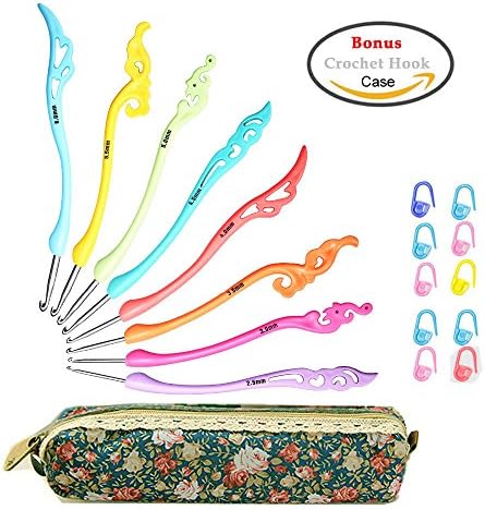 Retro Crochet Hooks Set Ergonomic Grip Handle - Crochet Knitting Needles Knit Kit in Case - Great Gift for Her!