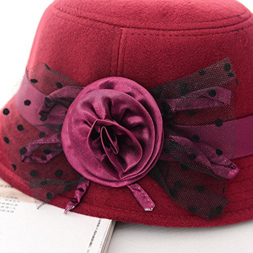 Freedi Bowler Hat Fedora Hats Dress Up Derby Hats Wide Brim Flower for Costume Adults Women Winter (Wine red)