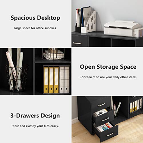 Tribesigns 3 Drawer Wood File Cabinets, Large Modern Lateral Mobile Filing Cabinets Printer Stand with Wheels, Open Storage Shelves for Home Office Study Bedroom (Black)