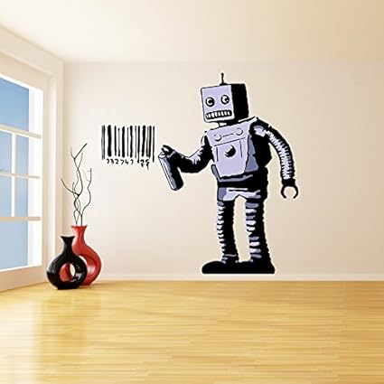 Banksy Vinyl Wall Decal Colorful Robot Graffiti Machine Painting Barcode Street Graffiti Sticker Robot With Can Free Decal Gift 8 X 8