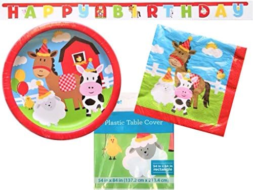 Farm House Barnyard Animals Party Supplies Kit Including Plates, Napkins, Jointed Banner &amp; Table Cover for 20 Guests