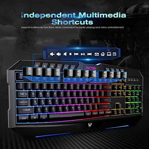 PICTEK Backlit Keyboard and Mouse Combo, LED Wired Gaming Keyboard, Ergonomic Keyboard, Wrist Rest Keyboard with Efficient Multimedia Keys, Programmable Gaming Mouse for Mac, PC, Laptop Gamers - Black