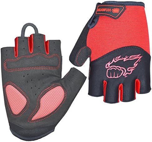 HuwaiH Cycling Gloves Mountain Bike Gloves Anti-slip Shock-absorbing Pad Biking Gloves Bicycle Road Racing Riding Gloves Half Finger Breathable Cycle Gloves For Men And Women (Red, Medium)