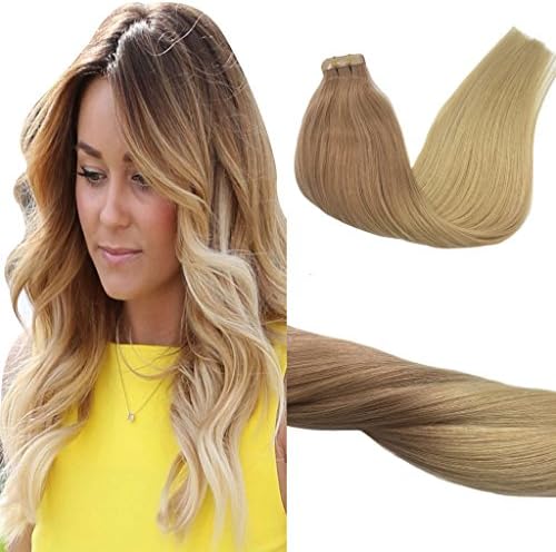 Googoo 100% Remy Real Tape in Human Hair Extensions Ash Brown Fading to Bleach Blonde #18 Fade to #613 Blonde Tape in Hair Extensions Skin Weft Straight Ombre Human Hair Extensions 16inch 20pcs 50g