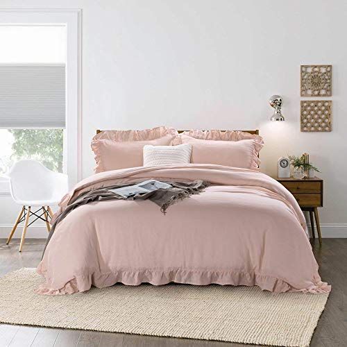 meadow park Stone Washed French Linen Duvet Cover Set 3 Pieces- Super Soft, King Size 104 inches x 94 inches - Shams 20 inches x 36 inches, Ruffled Style - Button Closure - Corner Ties, Pale Pink - Thumbnail 7