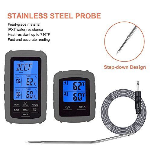 UPGRADED HomEnjoy Wireless Remote Digital Cooking Food Meat Thermometer with Dual Probe for Smoker Grill BBQ Thermometer, Gray