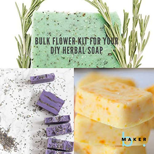 bMAKER Bulk Flower Kit - Lavender, Pink Rose Petals, Calendula Petals, Rosemary, Orange Peel and Cornflower Whole with 5/8 Rose Absolute Essential Oil