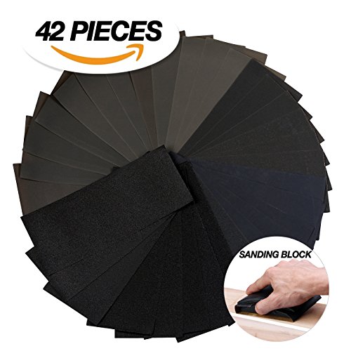 Sandpaper and sanding block kit ,42 Piece 120 to 3000 Grit sandpaper assorted, Wet and dry sandpaper sheets 9 X 3.6 inch,Abrasive paper WITH A Heavy Duty Rubber Sandpaper Block