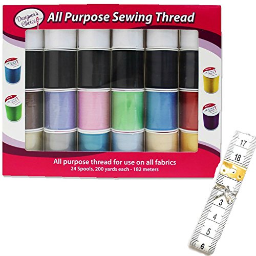 Assorted All Purpose Sewing Thread Spools for Sewing Machine, 24 Polyester Thread Pack Bundled with a 79 inch Tape Measure