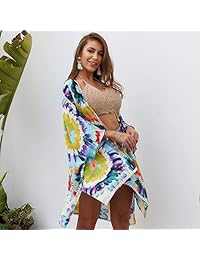 Kimono suelto con pompón de manga 3 4, estampado floral, para dama