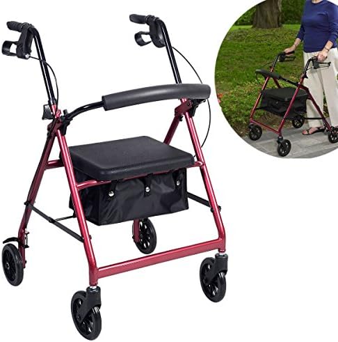 Rollator Rolling Walker with Curved Back Soft Seat 4 Wheel Burgundy