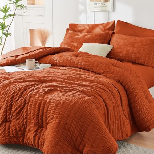 HYMOKEGE Burnt Orange Seersucker Comforter Set