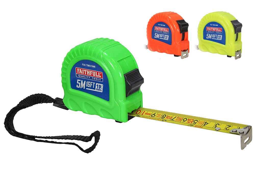 Faithfull Twin Lock Tape Measure 5m/16ft – Hi-Vis ABS Case, Dual Metric & Imperial Blade, Nylon Coated, 19mm Wide with Quick Stop & Secure Lock