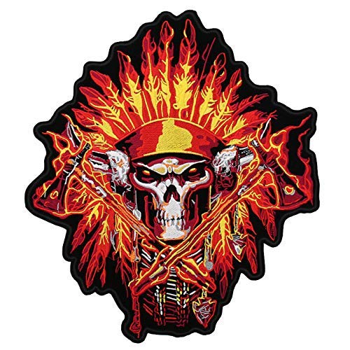 Large Skull Biker Rider Motorcycle High Quality Thread Embroidered Hook and Look Backed Patch (Native American Indian Chief Warrior)