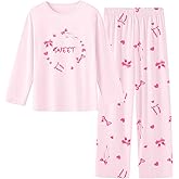 Umeyda Pajamas for Girls 100% Cotton, Long Sleeve and Pants 2PCS Soft Fit Pajama Set PJs, Pink Bowknot, 9-10 Years = Tag 150