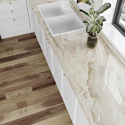 VEELIKE Wallpaper Wall Sticker Wall Paper Decor Beige Gold Marble Peel and Stick Self Adhesive Thick Durable Waterproof Removable Vinyl 15.7x118 Inches for Living Room Bedroom Kitchen Cabinets for DIY