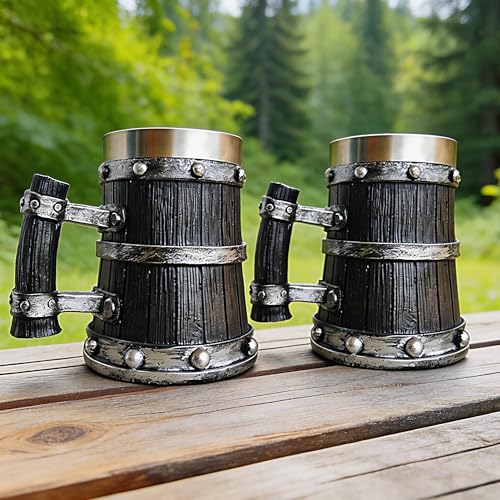 Medieval Viking Wooden Beer Stein, 304 with Stainless Steel Liner,Nordic Viking Runes Tankard Coffee Cup Home Decor, Capacity 20 OZ (Black) Men Father’s Day Gift | Beer Mug | Dubai Souvenir