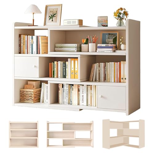 KINKUNCO Librero Organizador de Libros 3 Niveles con cajones librería Extensible en Longitud Estantería, para almacenar Libros en el salón el Estudio o el Dormitorio, Ideal para Organización (Blanco)