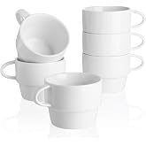 Sweese Porcelain Espresso Cups Set of 6, White | 6 oz size, stackable cups, for espresso and Coffee Drinks, Latte, Tea, cappuccino, set of 6, Dishwasher Safe