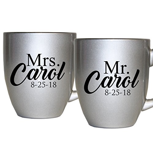 My Personal Memories Set of 2 Personalized Mr. and Mrs. Coffee Latte 16oz Mugs for Couple - Engraved Mug Gift for Bride, Groom His, Hers, Husband, Wife (Silver)