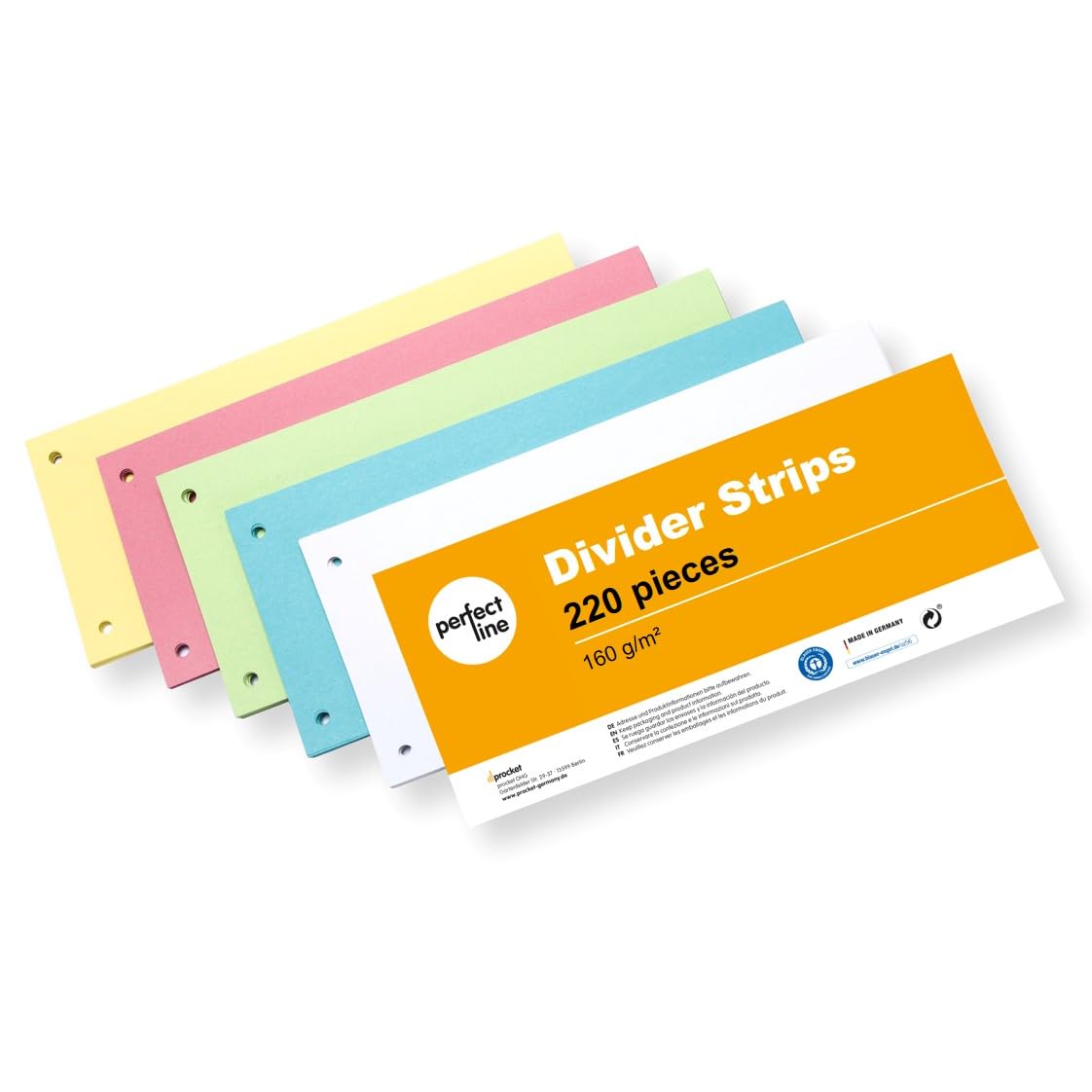 perfect line 220 Divider Strips for A4 folders, dividers for Ring Binders Made of Recycled Cardboard, Made in Germany, 5 Colours, Perforated