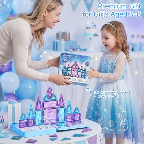 burgkidz Magnetic Building Blocks Travel Toy for Girls, 42 Pieces Ice Princess Magnetic Tiles in Metal Box - 60 Minutes Quiet 30s Tidy Up - Car Train Plane Gift 3 4 5 6 7 8 Years