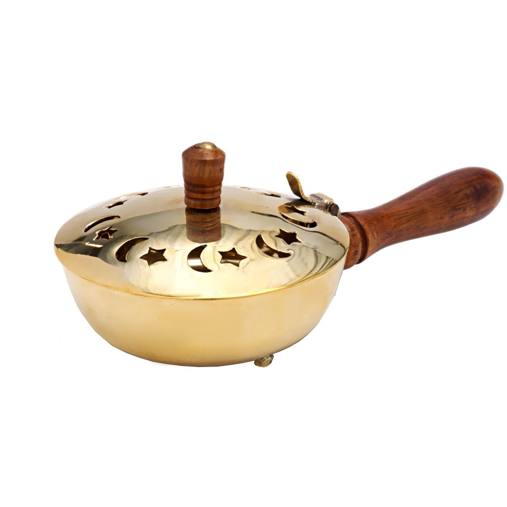 NKlaus Incense Pan with Wooden Handle Incense Burner oriental Brass Deco gold 7566