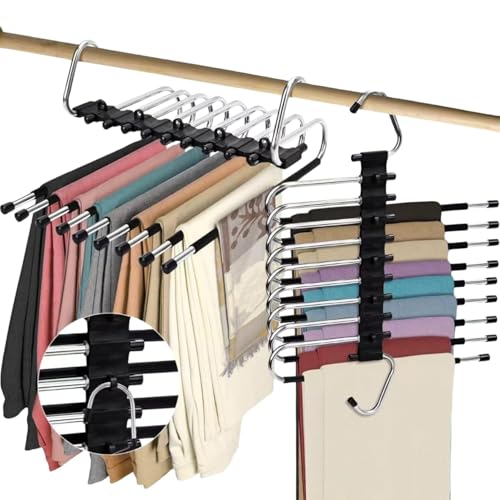 2 Pack Upgrade 9 Layers Pants Hangers Space Saving, Non-Slip Clothes Hangers for Wardrobe, Multifunctional Clothing Rack for Closet Storage, Ideal for Jeans, Pants, Skirts, Scarves & Slacks (Black)