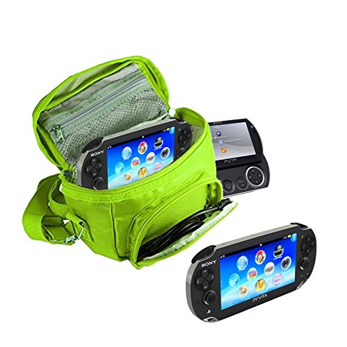 Orzly® - Game & Console Travel Bag for Sony PSP Consoles (GO/VITA/1000/2000/3000) Has Special Compartments for Games & Accessories. Bag Includes Shoulder Strap + Carry Handle + Belt Loop - Green