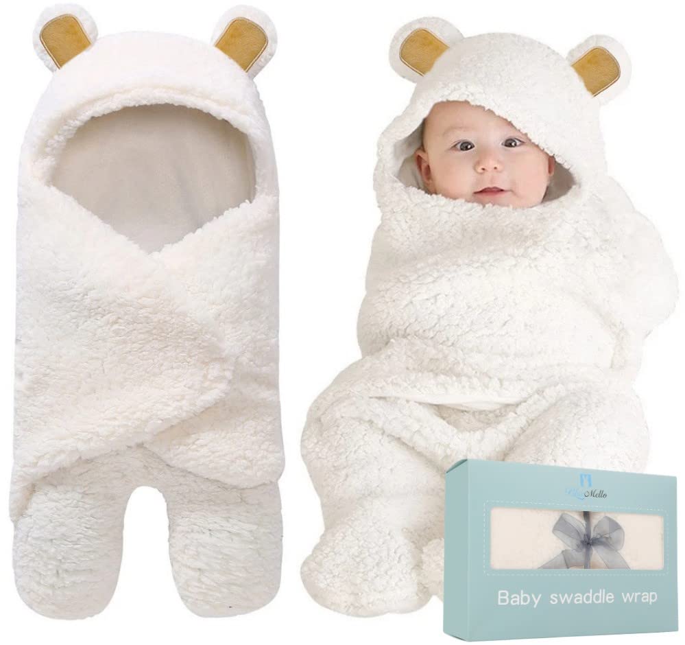 Photo 1 of BlueMello Baby Bear Swaddle Blanket | Ultra-Soft Plush Essential for Infant 0-6 Months | Receiving Swaddling Wrap White | Ideal Newborn Registry and Toddler Accessories | Perfect Baby Boy Shower Gift