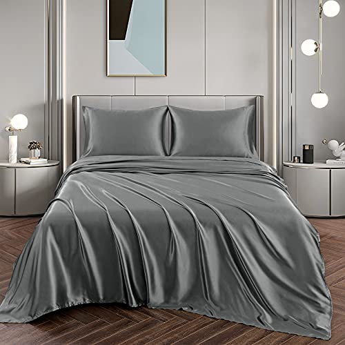 Vonty Satin Sheets Queen Size Silky Soft Satin Bed Sheets Grey Satin