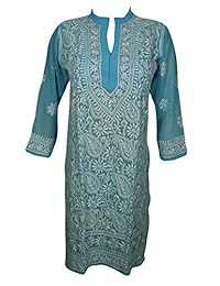 Women Caftan Tunic Dress Blue Embroidered Sheer Georgette Kurta S/M