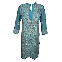 Mogul Interior Women Caftan Tunic Dress Blue Embroidered Sheer Georgette Kurta S/M
