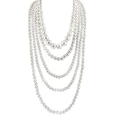 Beetoo Multilayer Strand Long Choker Necklace,Flapper Beads Necklaces for Women, Fashion Imitation Faux Pearls Long Necklace Vintage Costume Jewelry Necklace
