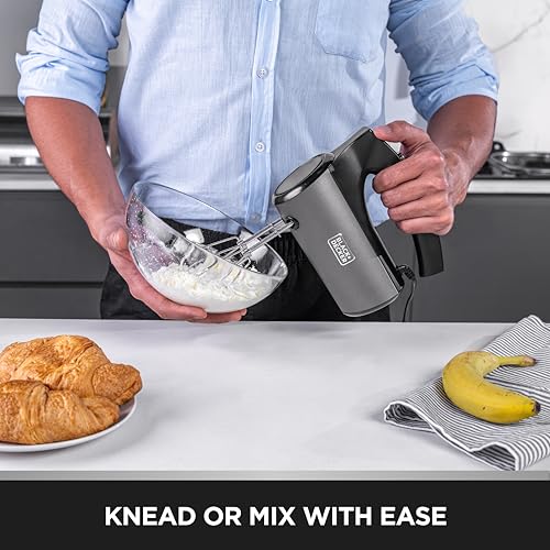 BLACK+DECKER 300W Hand Mixer - 5-Speed with Turbo, Premium Metallic Finish, Stainless Steel Beaters & Dough Hooks, Ergonomic Grip, Easy Eject, Dishwasher Safe | SSMH325-B5