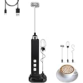 Rechargeable Milk Frother Handheld with 3 Detachable Stainless Whisks, 3 Speed Adjustable Drink Mixer, Mini Frother Wand for Coffee, Matcha, Protein Shakes, with Charging Base and Whisk Storage
