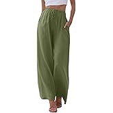 JiXiang Linen Pants Women Straight Leg Solid Drawstring Elastic Yoga Trousers Comfy Long Lounge Beach Trousers with Pockets