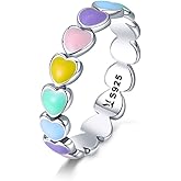 RUKYF 925 Sterling Silver Rainbow Heart Rings for Women Teen Girls Hypoallergenic Dainty Colorful Heart Finger Rings Promise Ring for Her Birthday Valentine's Day Christmas Gifts