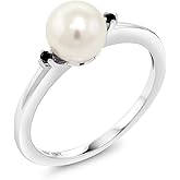 Gem Stone King 10K White Gold 7mm Cultured Freshwater Pearl Women Engagement Ring with Black Diamond