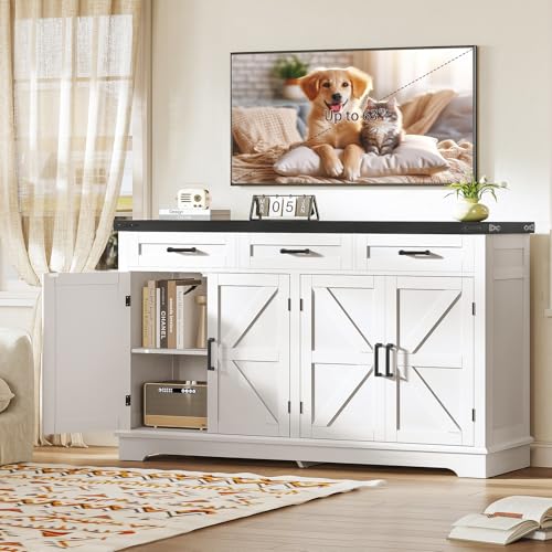 FIONESO 55”W Buffet Cabinet with 3 Large Drawers & 2 Adjustable Shelves, Farmhouse Sideboard Cabinet, Coffee Bar, TV Stand, for Kitchen,Living Room, White,40×140×80CM