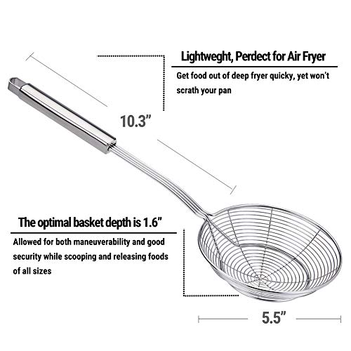TEMCHY Spider Strainer Skimmer Ladle, 5.5 Inch Stainless Steel Solid Skimmer Basket with Long Handle for Everyday Frying Steaming and Scooping