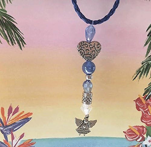 Rear view mirror angel charm - Angels watching over me ornament - beautiful silver heart - Blue crystal bead shine bright on your journeys