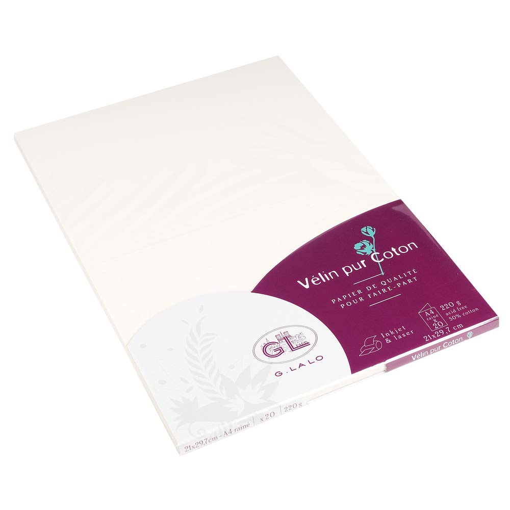 Lalo 48800L - Velin Pur Coton. Pack of luxury 20 sheets. Sizes: 21x29.7 cm, 220g, Vellum pure cotton, Cream White A4. Lined. Correspondence. Made in France